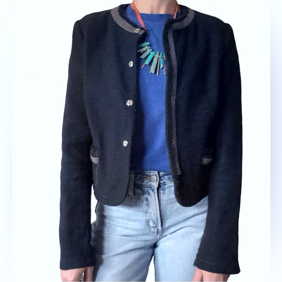 AEO Navy Thick Cotton Crew Neck Snap Front Raw Edge Cardigan Clueless Preppy - Picture 3 of 15